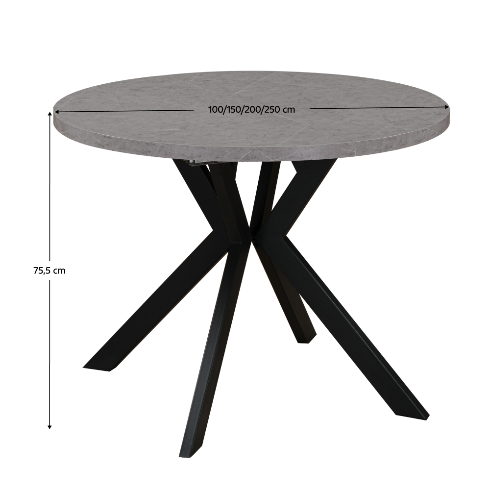 Masă de sufragerie extensibilă TAVIRA, beton deschis/negru, 100-250x75, 100x100x75.5 cm Kondela