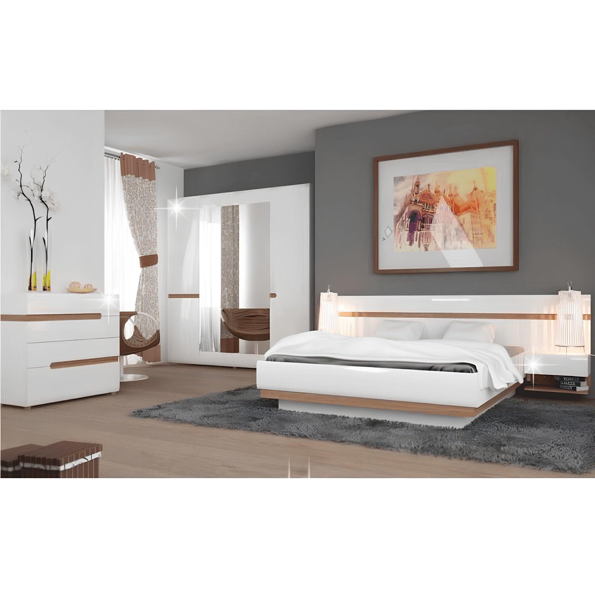 Comodă LYNATET TYP 44, alb lucios/stejar sonoma, 96 cm Kondela