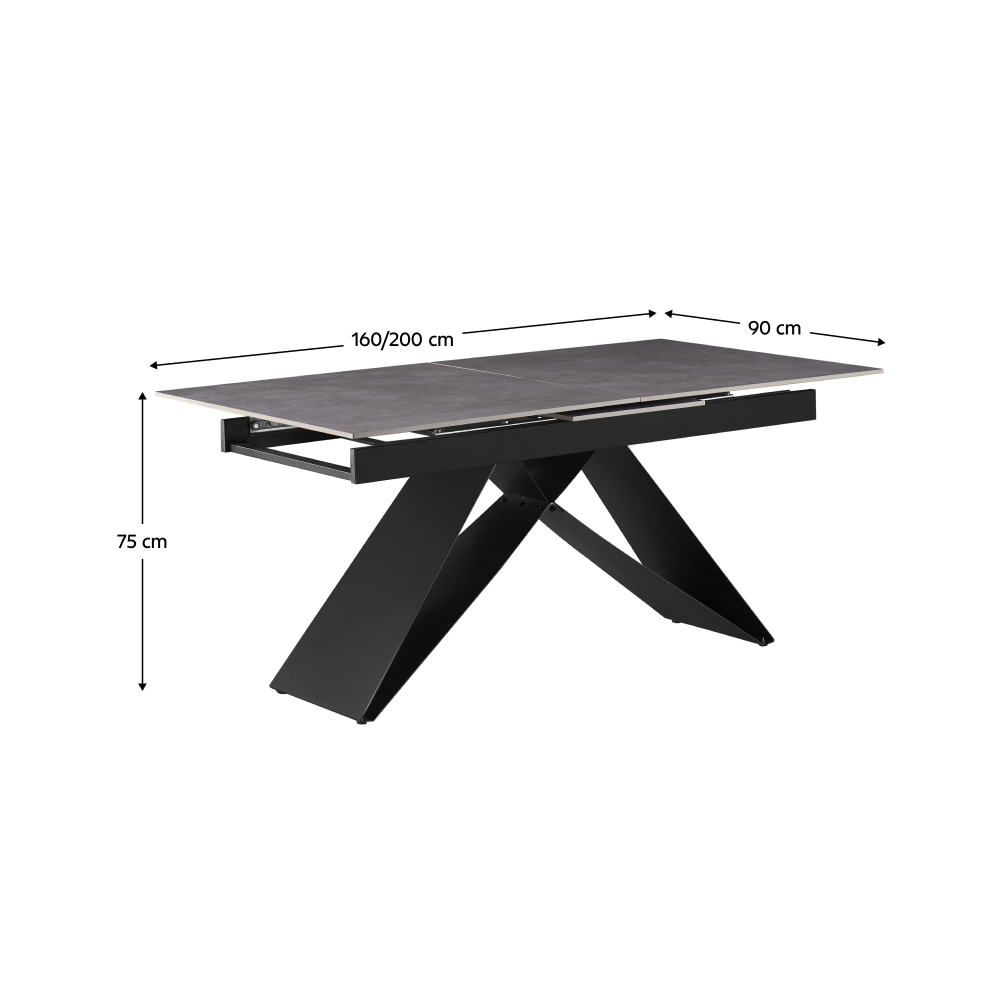 Masă dining extensibilă, beton/neagră, 160-200x90 cm Kondela