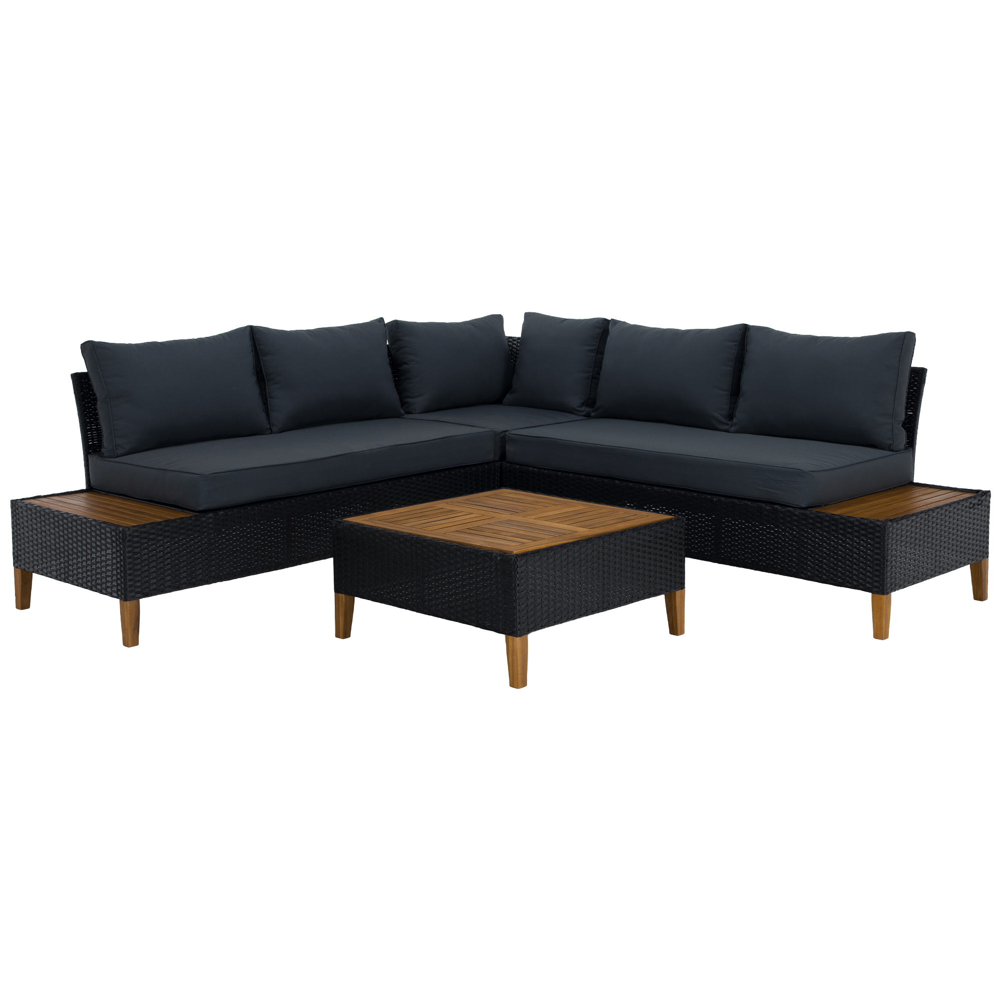Set Grădină Modular MALKOM 4 Piese | Ratan Tehnic + Lemn Salcâm Masiv | Canapea Colț + Măsuță Kondela