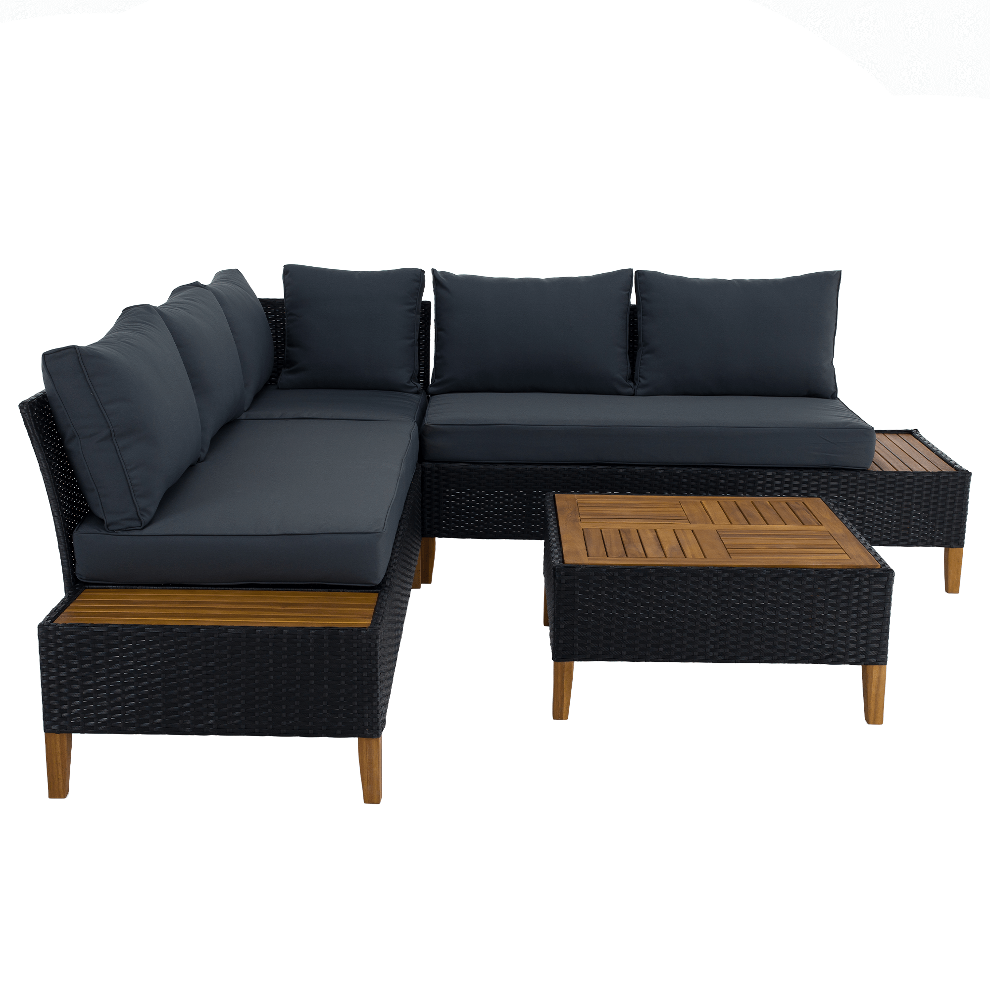 Set Grădină Modular MALKOM 4 Piese | Ratan Tehnic + Lemn Salcâm Masiv | Canapea Colț + Măsuță Kondela