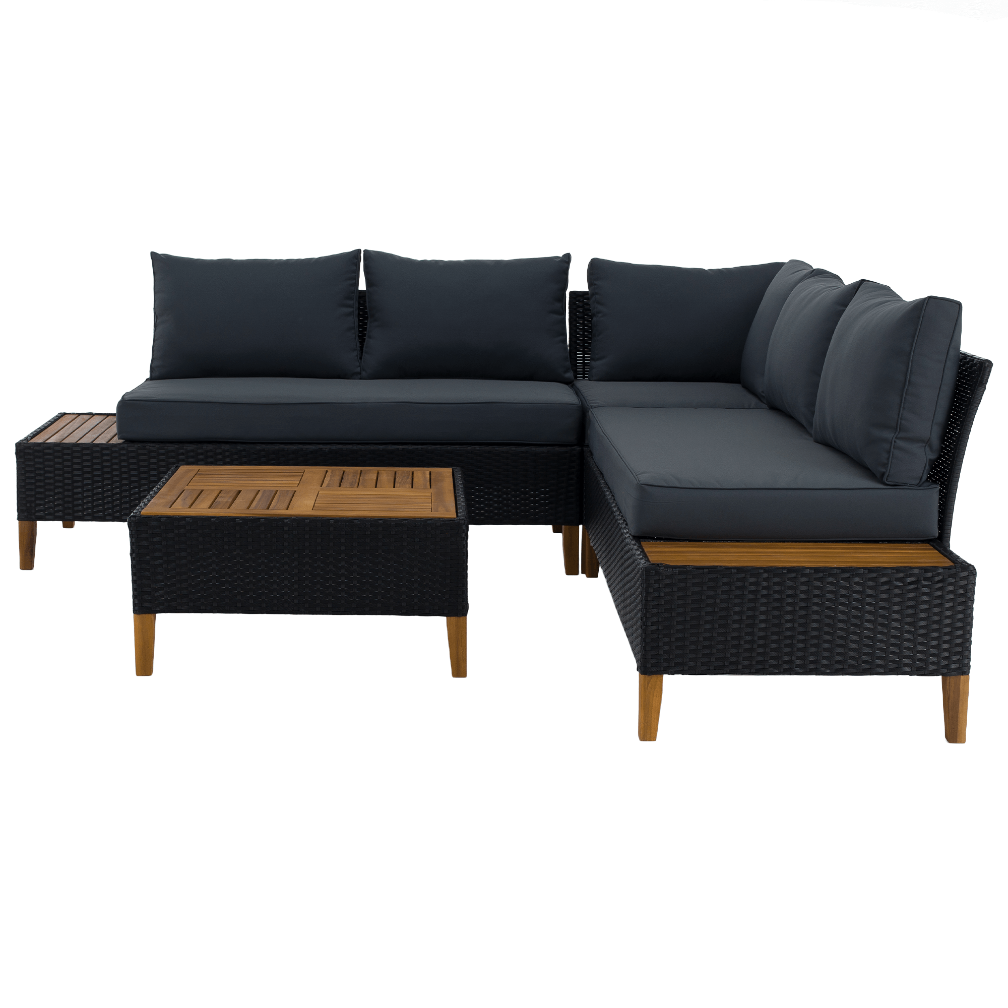 Set Grădină Modular MALKOM 4 Piese | Ratan Tehnic + Lemn Salcâm Masiv | Canapea Colț + Măsuță Kondela