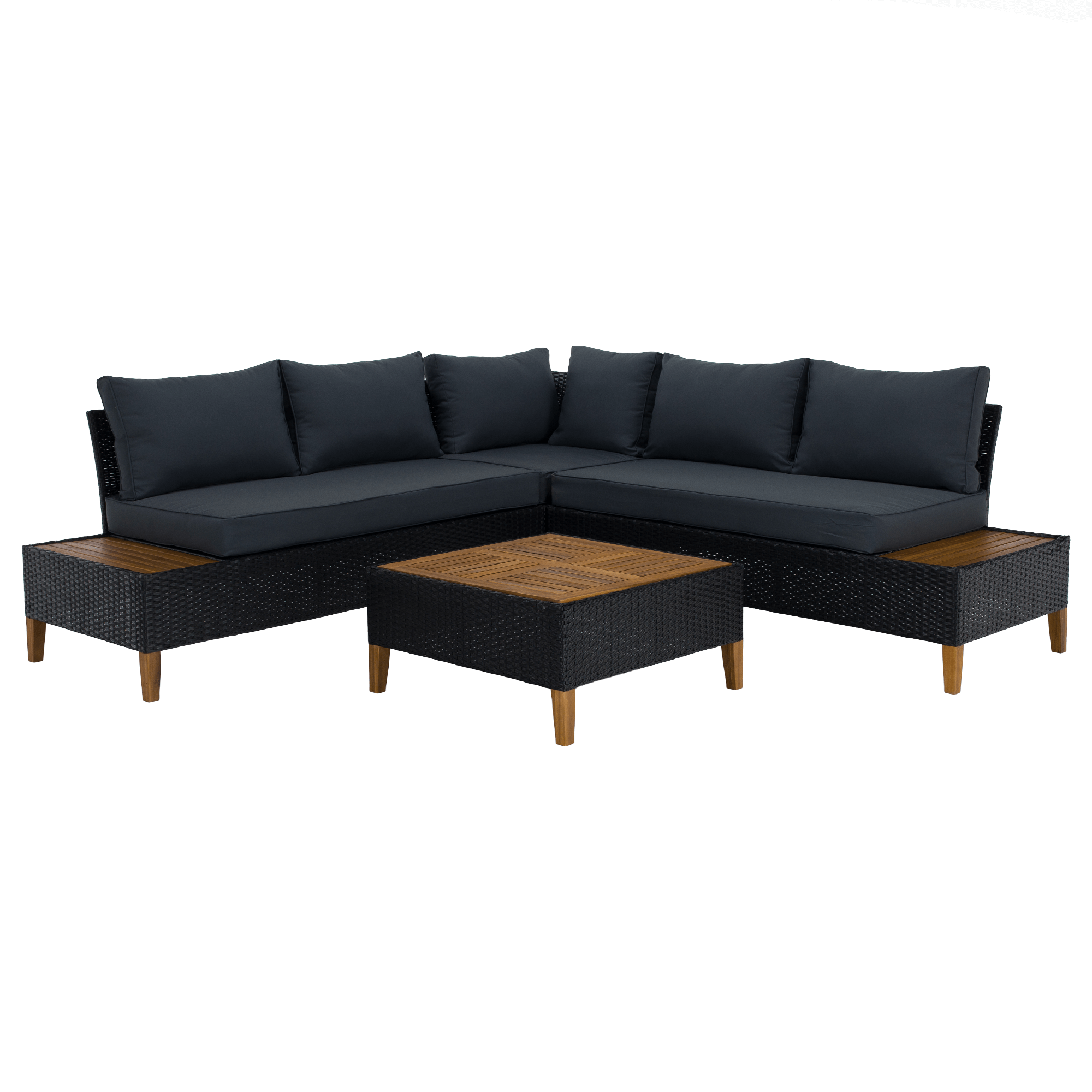 Set Grădină Modular MALKOM 4 Piese | Ratan Tehnic + Lemn Salcâm Masiv | Canapea Colț + Măsuță Kondela