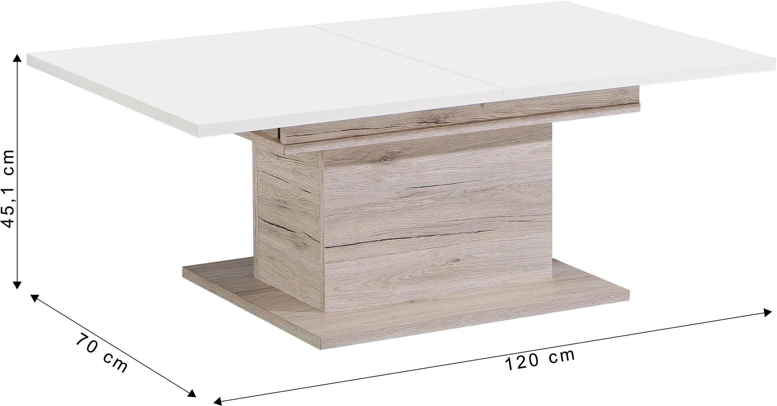 Masuta de cafea Forte, Spatiu de depozitare, alb-lucios-stejar, 120 cm latime Arboteca