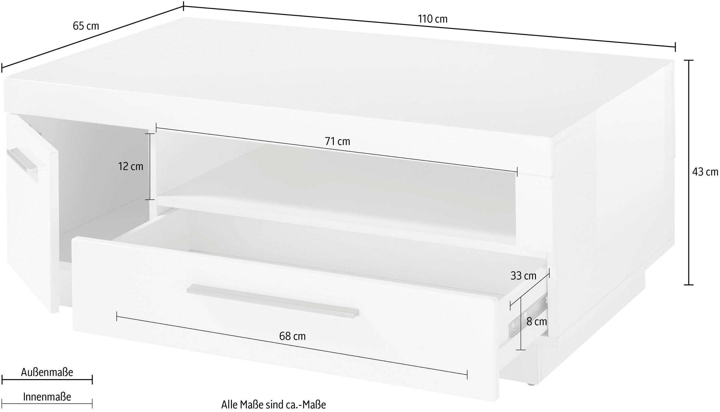 Măsuță de cafea Meran 110 cm, alb, cu sertar și ușă Arboteca
