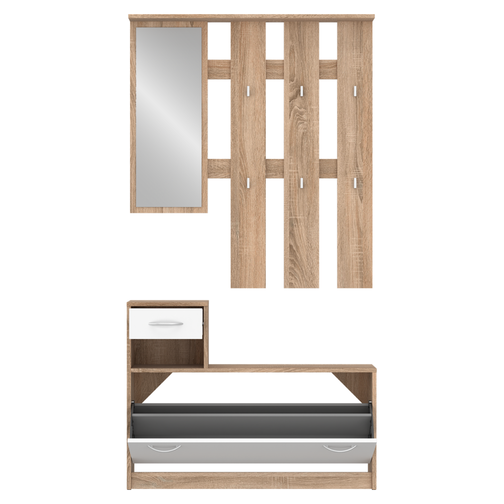 Setul pentru hol POROS, stejar sonoma/alb, 100x26.3x187.1 cm Kondela