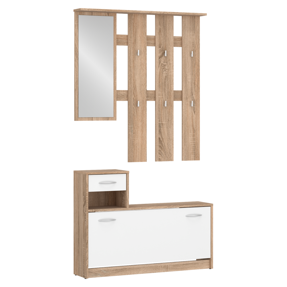Setul pentru hol POROS, stejar sonoma/alb, 100x26.3x187.1 cm Kondela