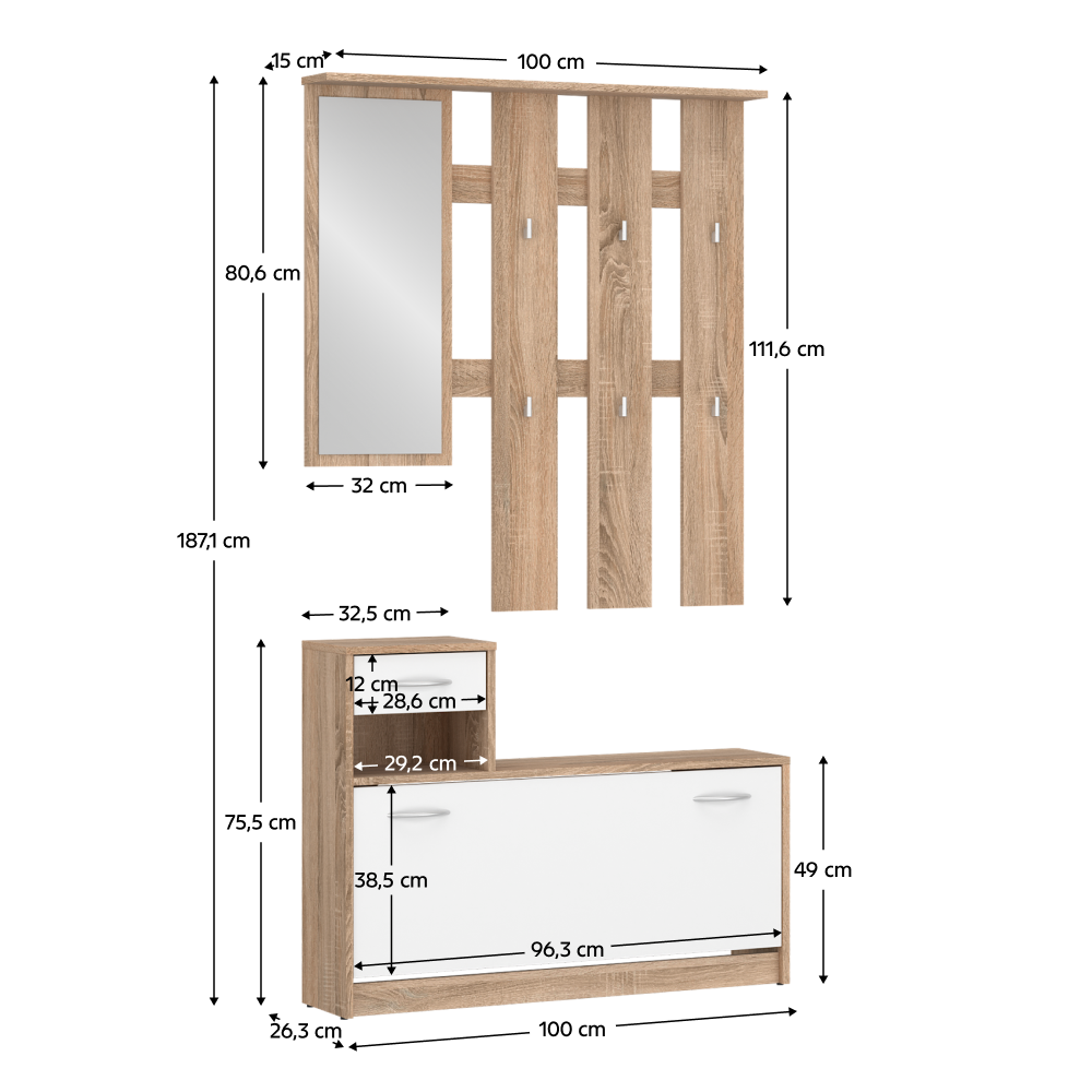 Setul pentru hol POROS, stejar sonoma/alb, 100x26.3x187.1 cm Kondela