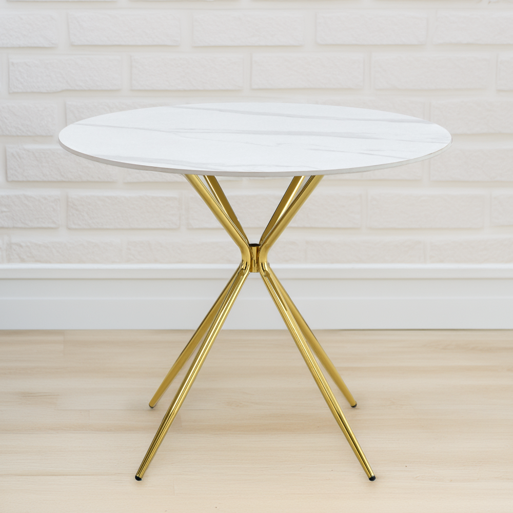 Masă de bucătărie, marmură albă/gold crom aurie, diametru 90 cm Kondela