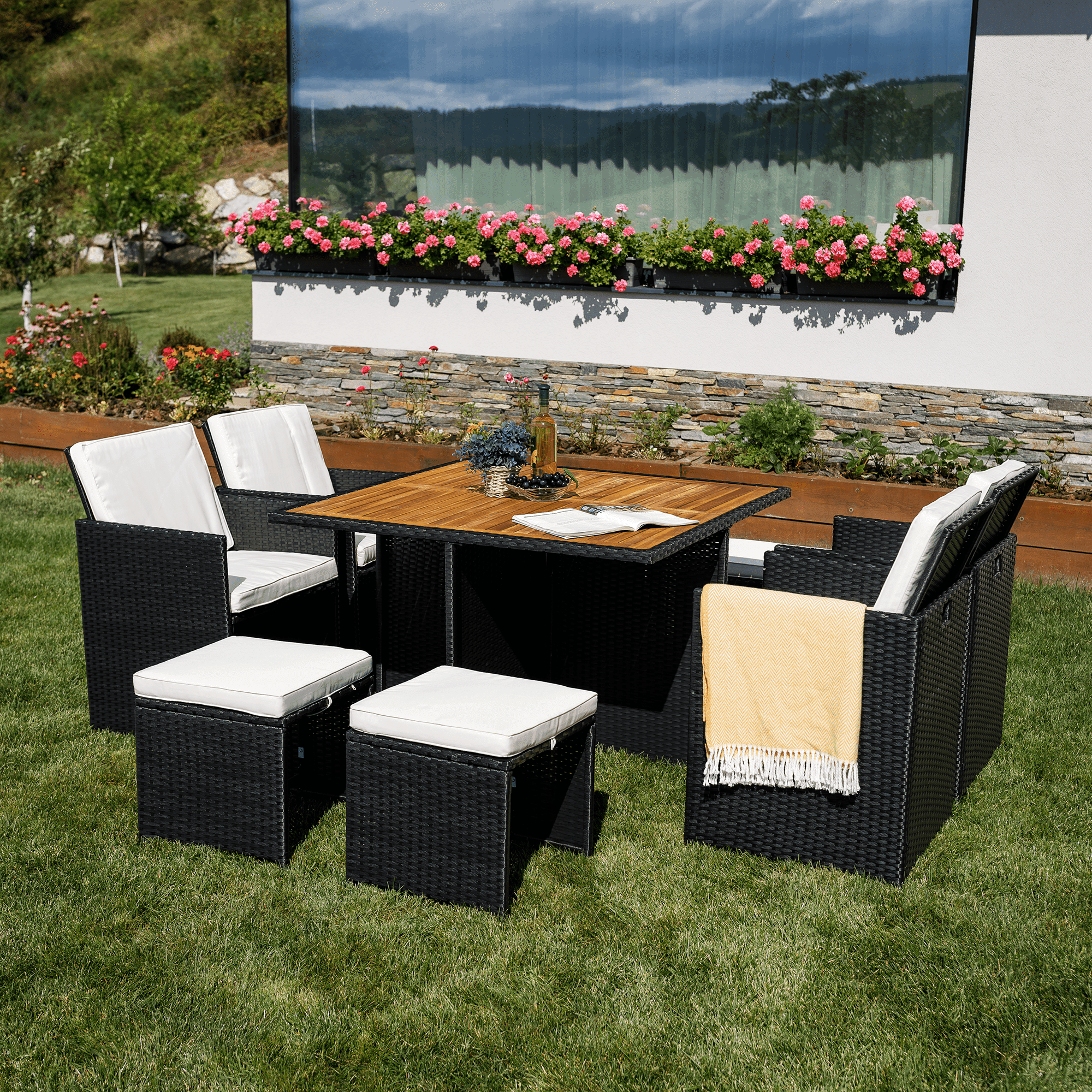 Set Dining Grădină MELFORD 9 Piese | 4 Scaune + 4 Taburete + Masă Salcâm Masiv | Ratan Tehnic Kondela