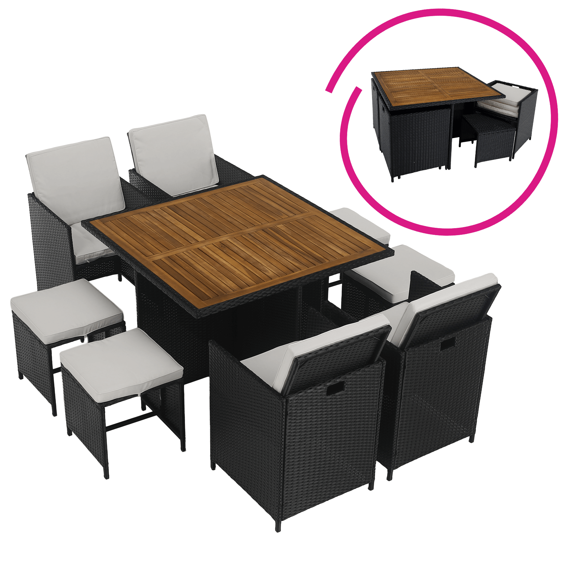 Set Dining Grădină MELFORD 9 Piese | 4 Scaune + 4 Taburete + Masă Salcâm Masiv | Ratan Tehnic Kondela