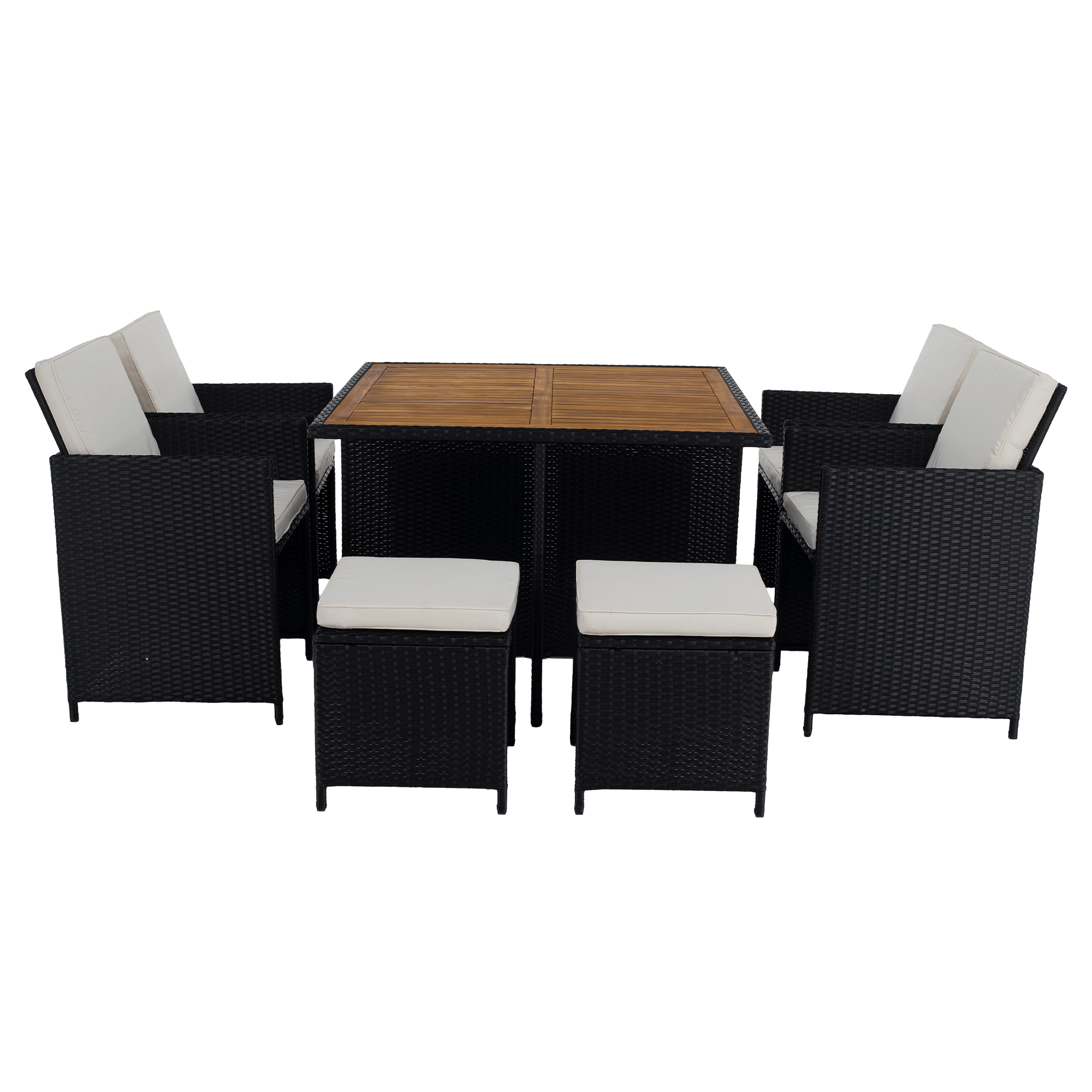 Set Dining Grădină MELFORD 9 Piese | 4 Scaune + 4 Taburete + Masă Salcâm Masiv | Ratan Tehnic Kondela
