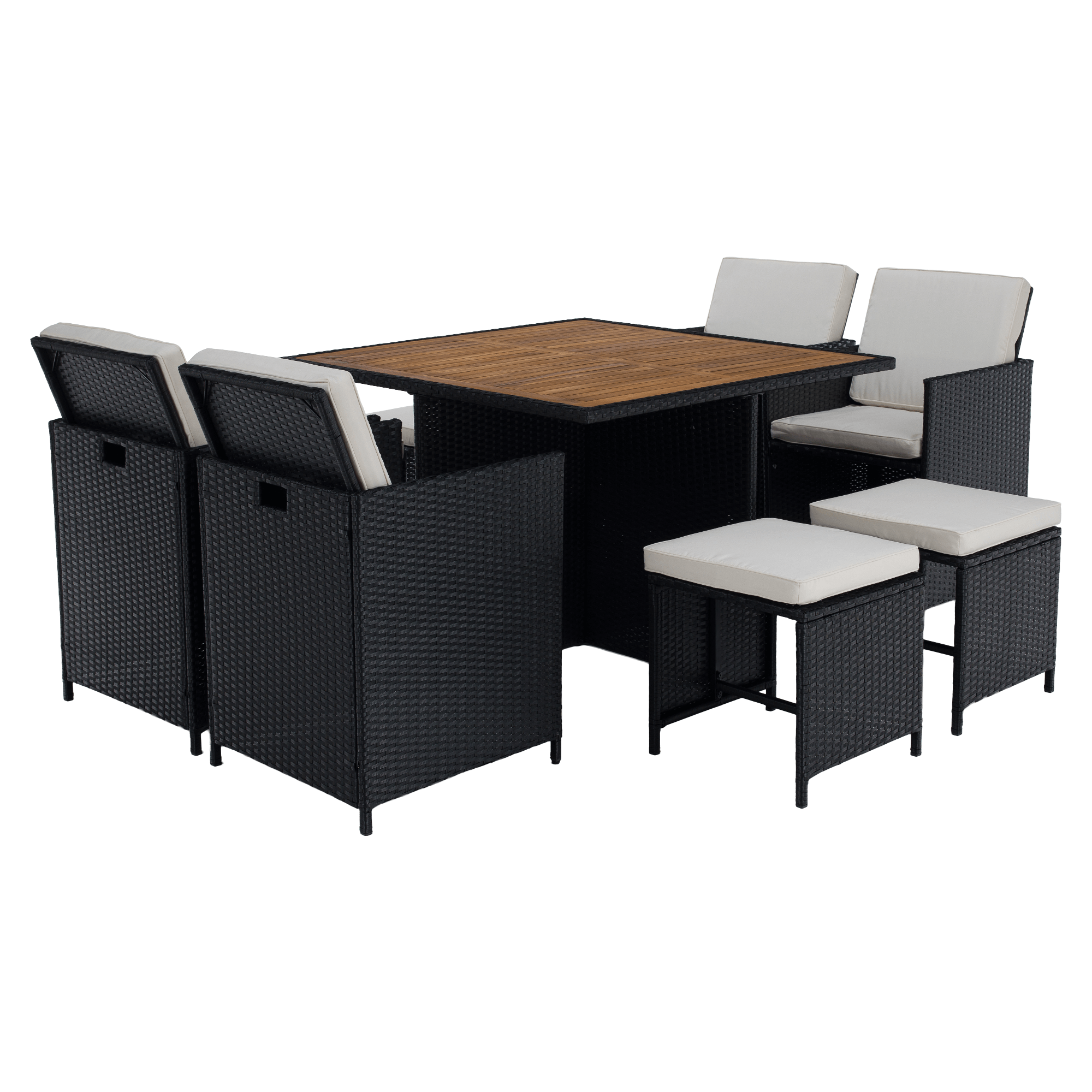 Set Dining Grădină MELFORD 9 Piese | 4 Scaune + 4 Taburete + Masă Salcâm Masiv | Ratan Tehnic Kondela