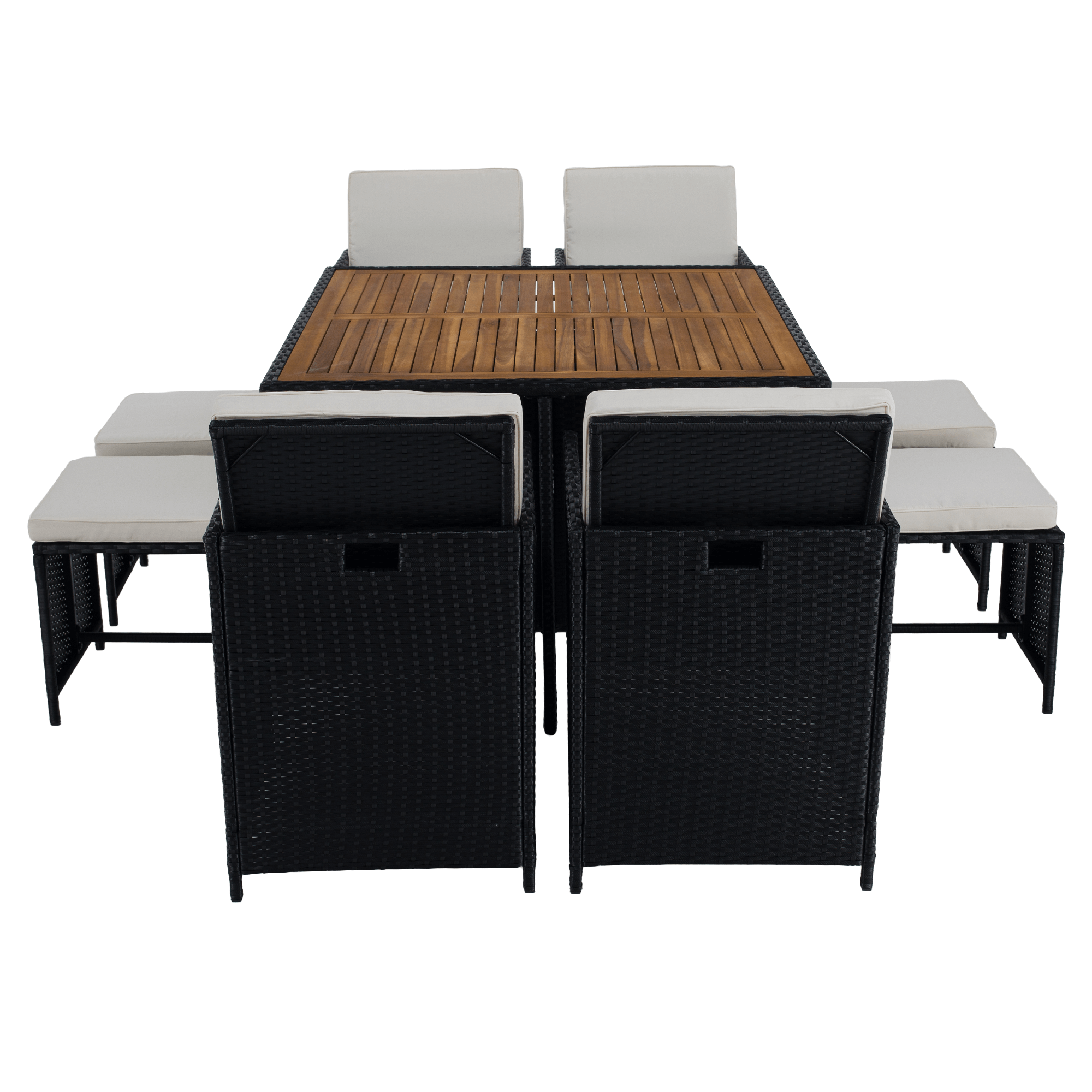 Set Dining Grădină MELFORD 9 Piese | 4 Scaune + 4 Taburete + Masă Salcâm Masiv | Ratan Tehnic Kondela