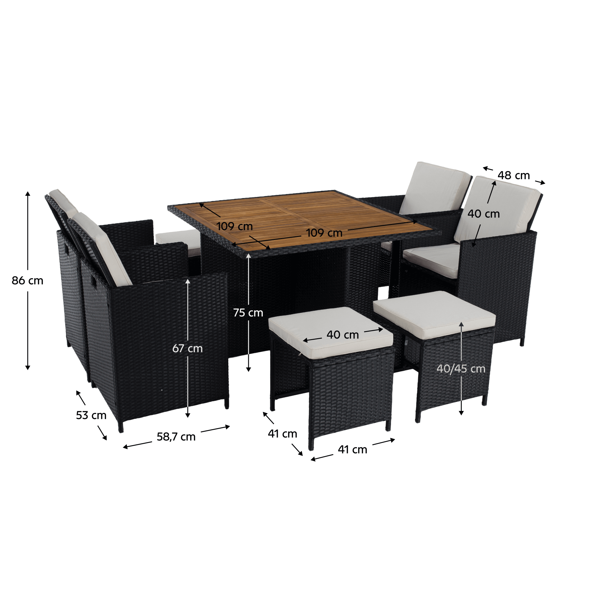 Set Dining Grădină MELFORD 9 Piese | 4 Scaune + 4 Taburete + Masă Salcâm Masiv | Ratan Tehnic Kondela