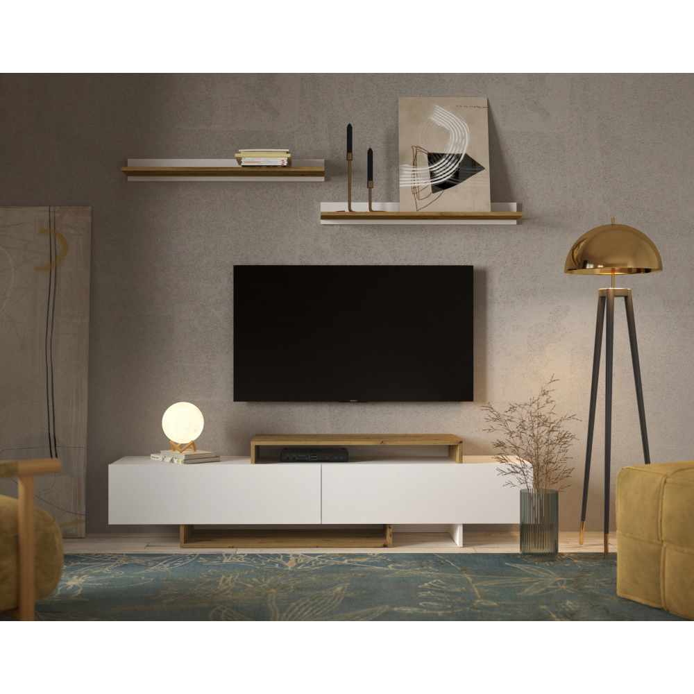 Mobilier de perete living, alb/stejar artisan, MILONA Kondela
