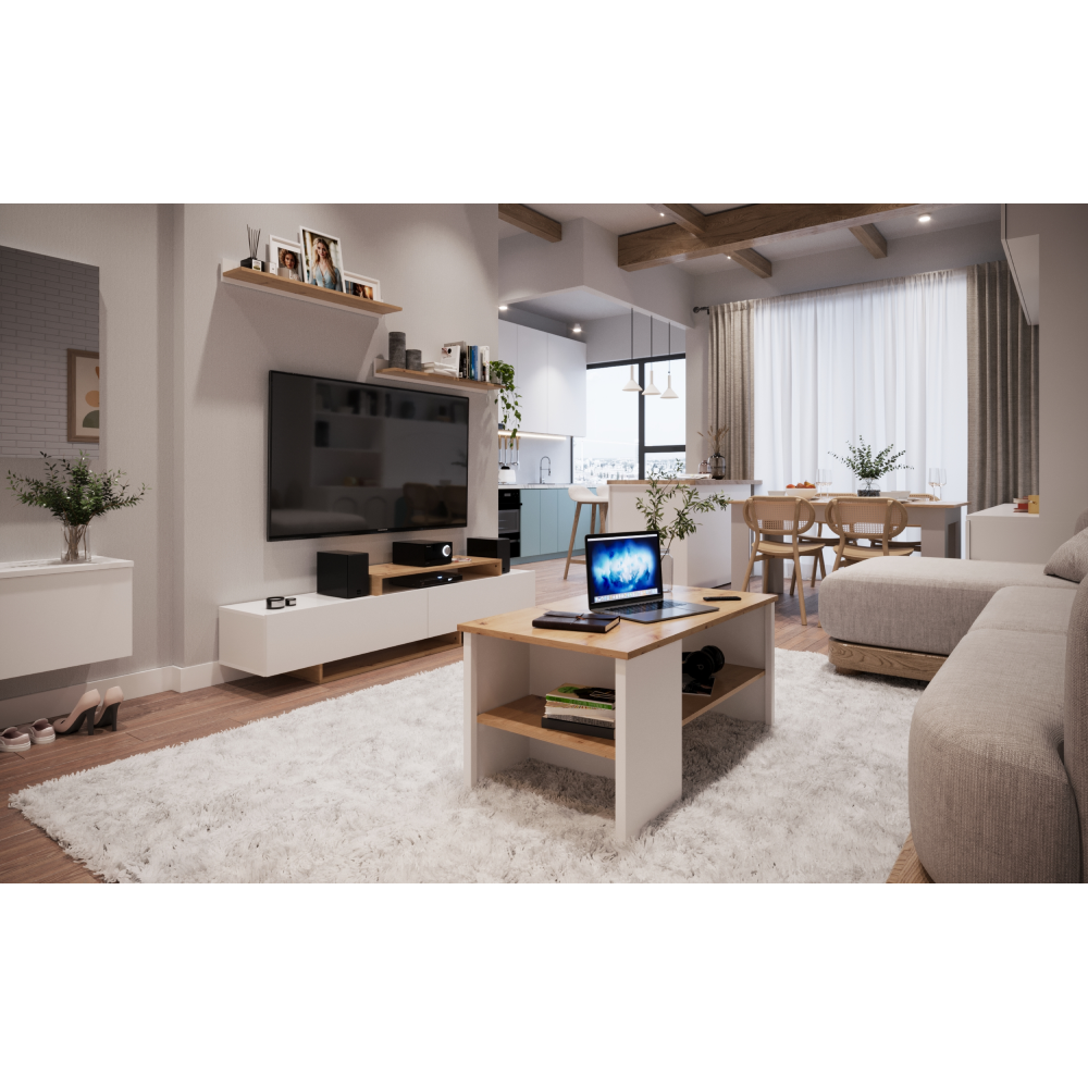 Mobilier de perete living, alb/stejar artisan, MILONA Kondela