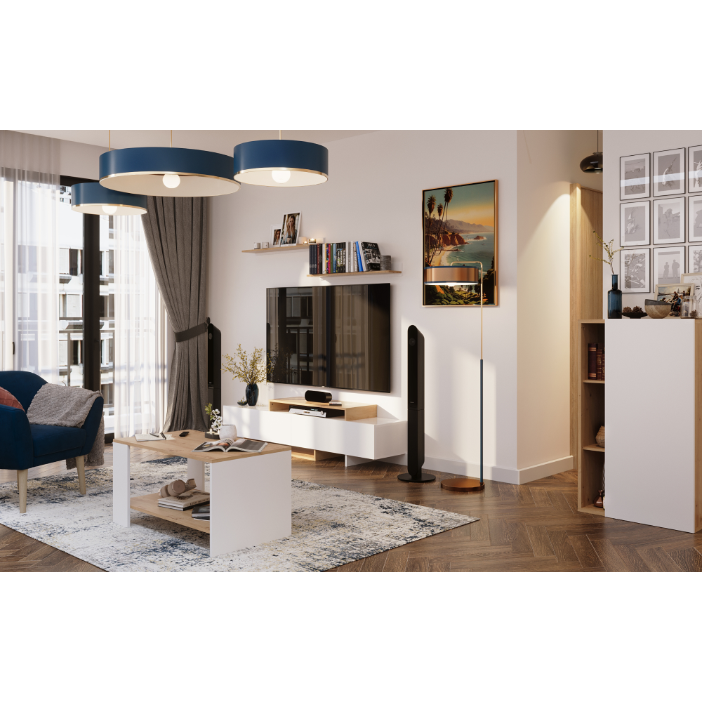 Mobilier de perete living, alb/stejar artisan, 180x35x50 cm Kondela