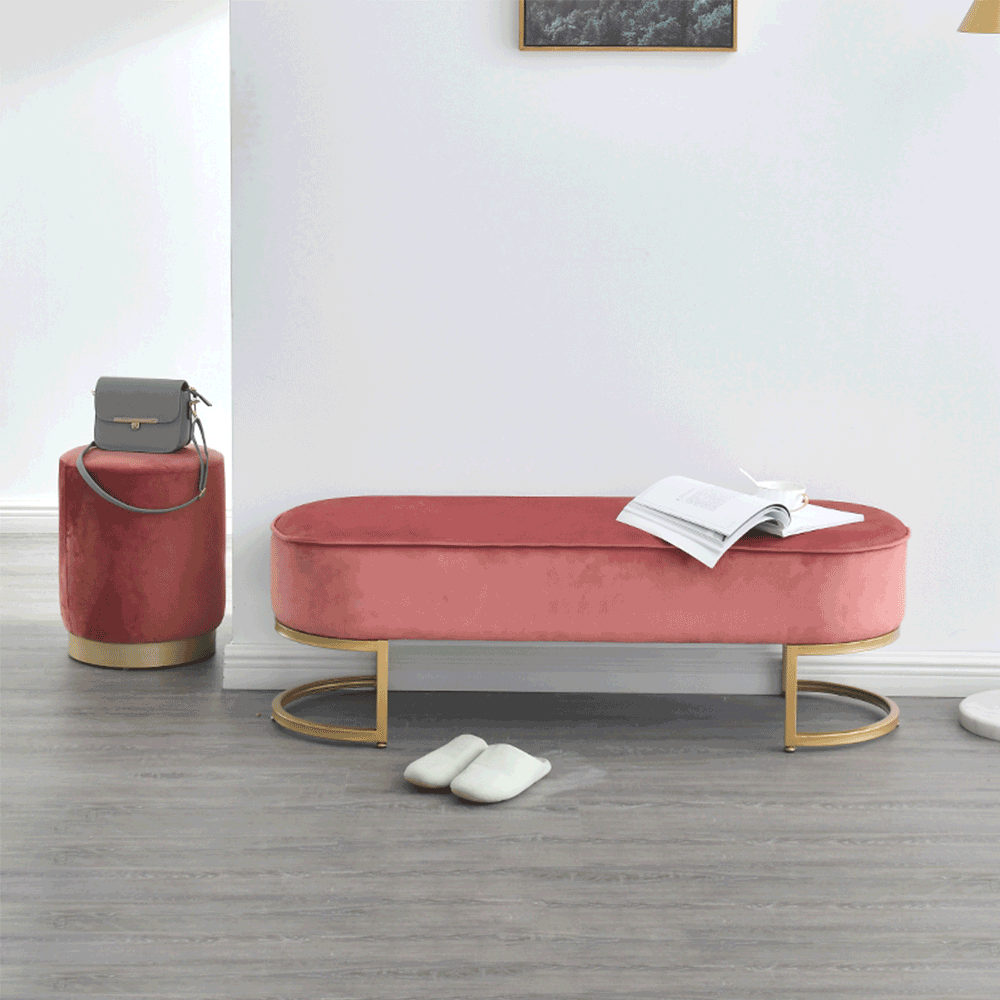 Bancă de design ALTAMURA, țesătură de catifea roz/crom auriu, 100x40x43 cm Kondela