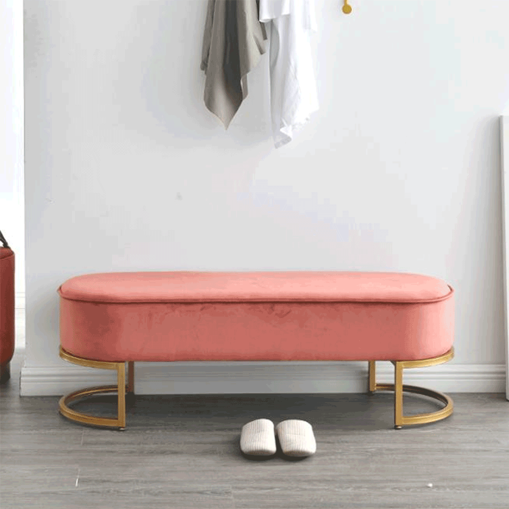 Bancă de design ALTAMURA, țesătură de catifea roz/crom auriu, 100x40x43 cm Kondela