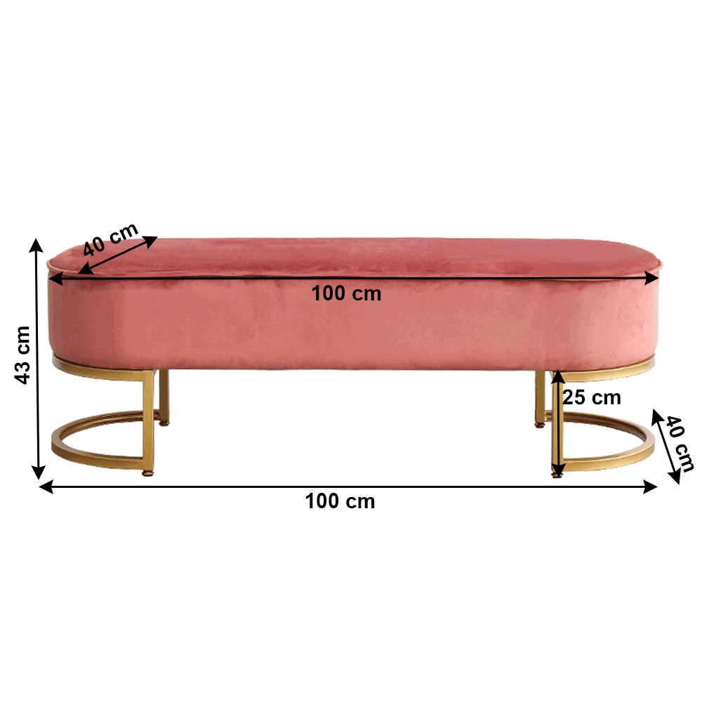 Bancă de design ALTAMURA, țesătură de catifea roz/crom auriu, 100x40x43 cm Kondela