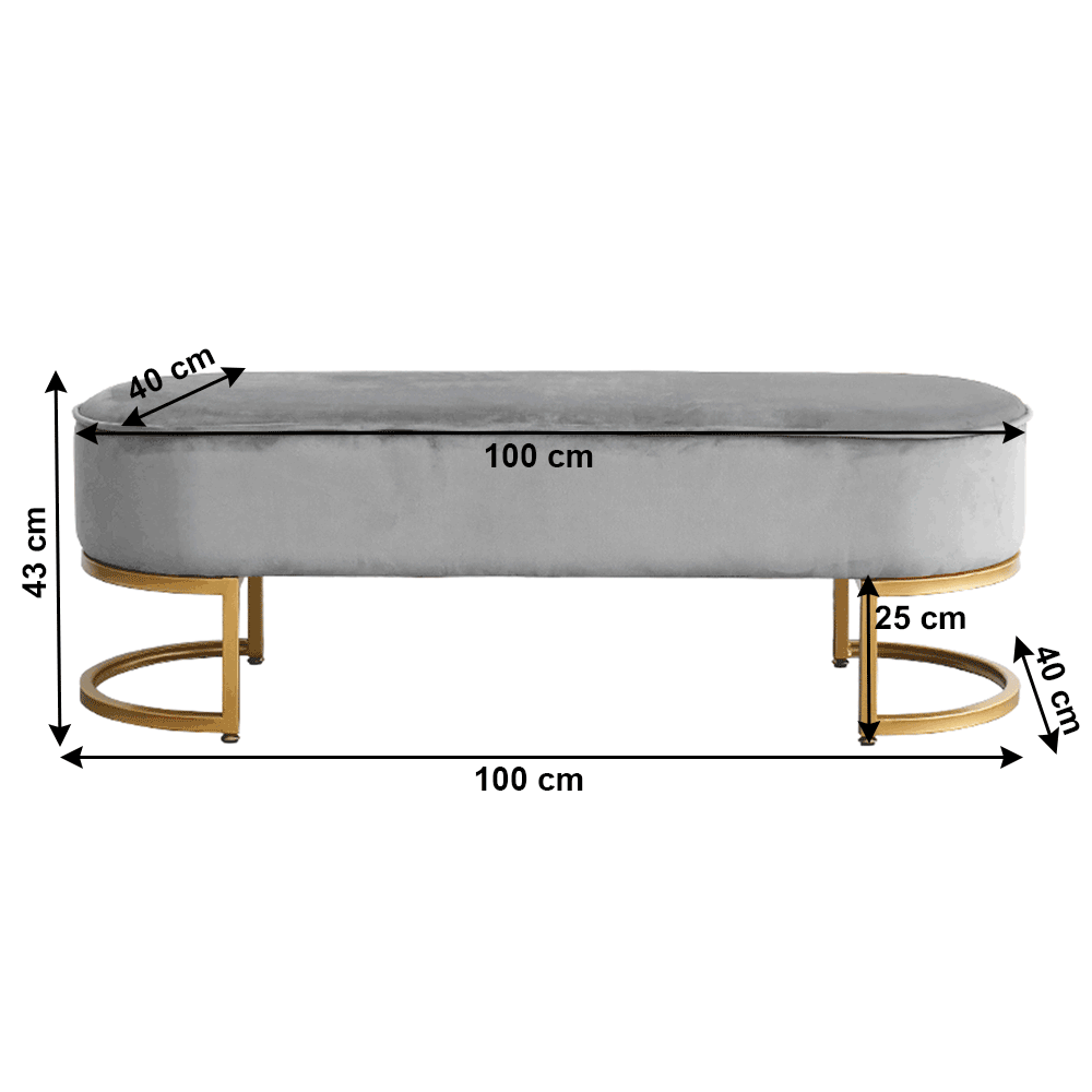 Bancă de design ALTAMURA, țesătură de catifea gri/crom auriu, 100x40x43 cm Kondela