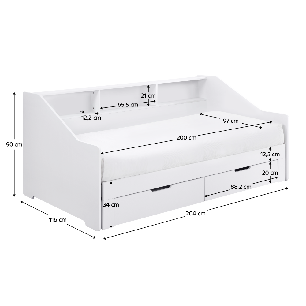 Pat extensibil MONETA, alb, 90/180x200 cm, cu sertare Kondela
