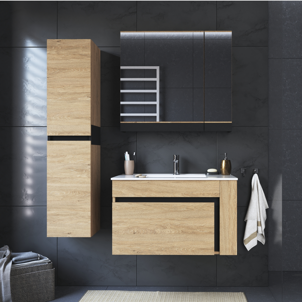 Dulăpior de pus sub chiuvetă UTRERA 80, stejar auriu/negru, 80x45.5x48 cm Kondela