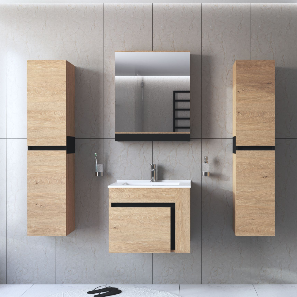 Dulăpior suspendat cu oglindă UTRERA 60, stejar auriu/negru, 60x15x72 cm Kondela