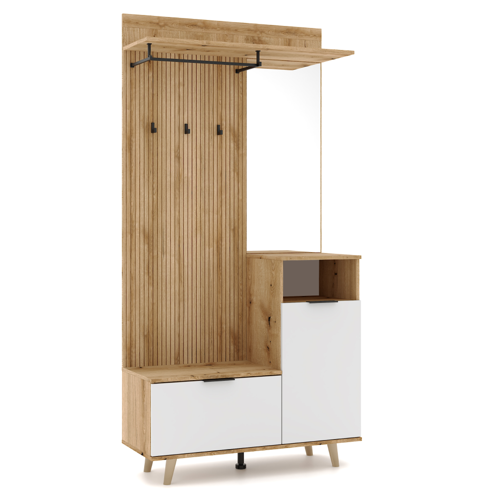 Set mobilier hol cu oglindă și pantofar BELMONTE, stejar evoke/alb, 100x40x204 cm Kondela