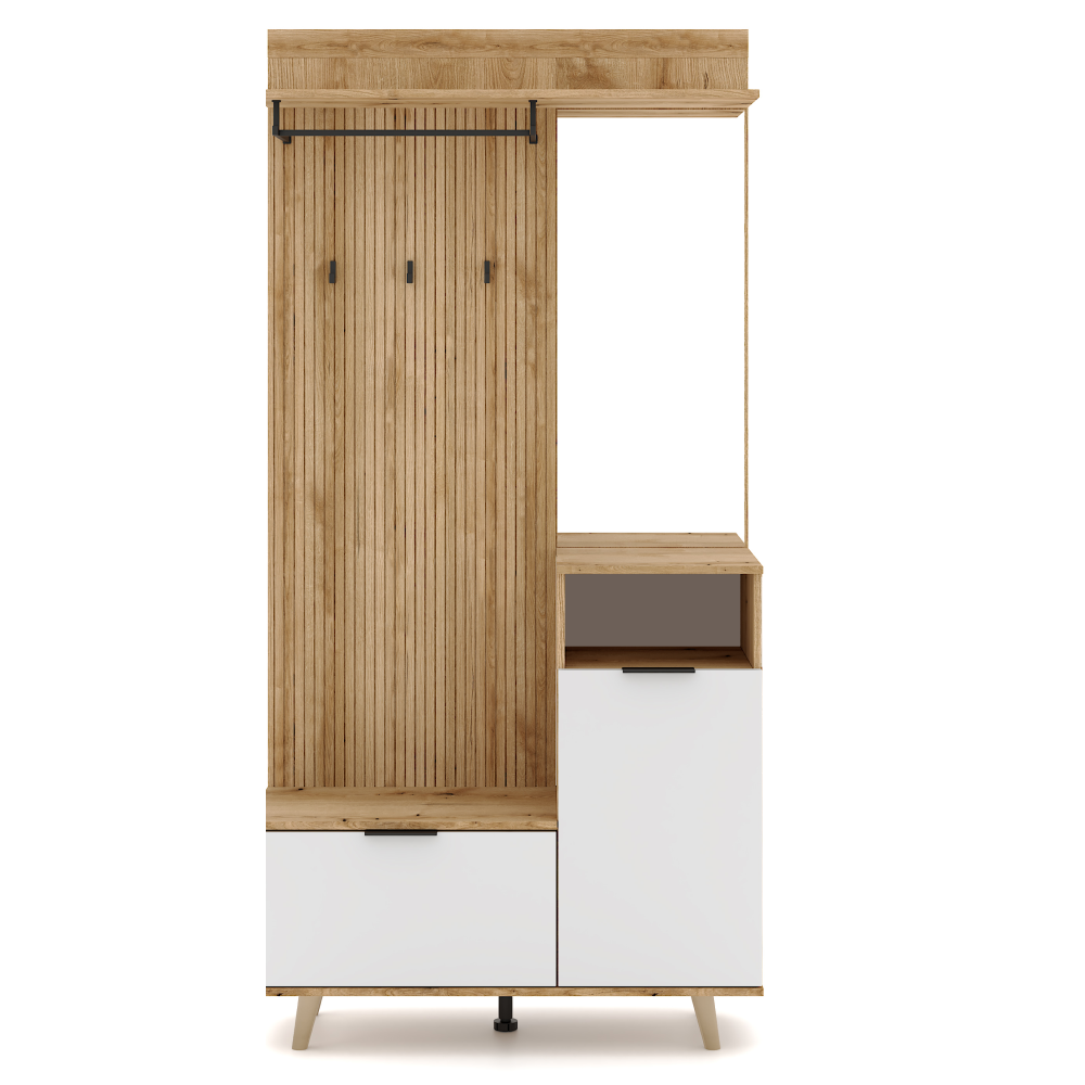 Set mobilier hol cu oglindă și pantofar BELMONTE, stejar evoke/alb, 100x40x204 cm Kondela