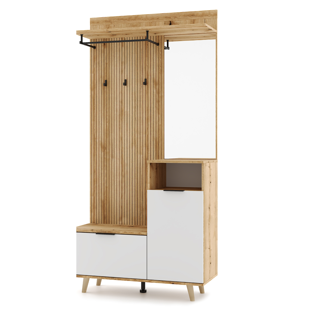 Set mobilier hol cu oglindă și pantofar BELMONTE, stejar evoke/alb, 100x40x204 cm Kondela