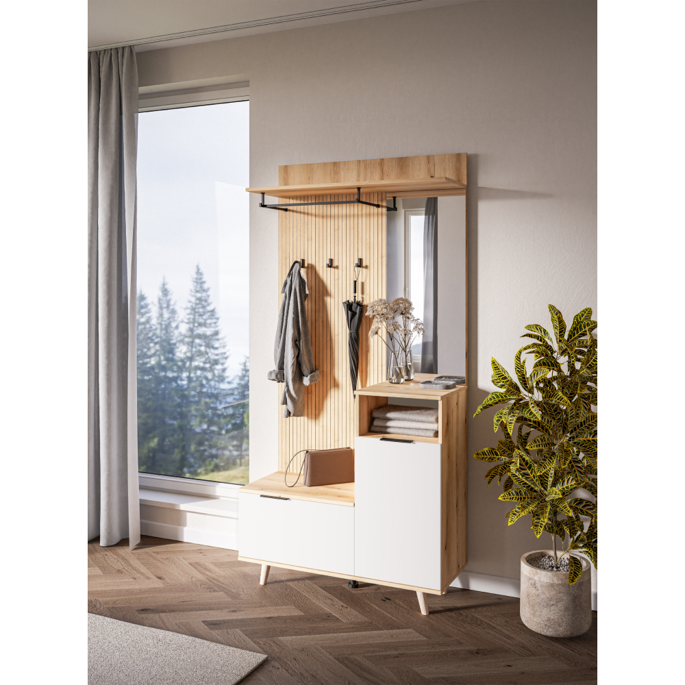 Set mobilier hol cu oglindă și pantofar BELMONTE, stejar evoke/alb, 100x40x204 cm Kondela