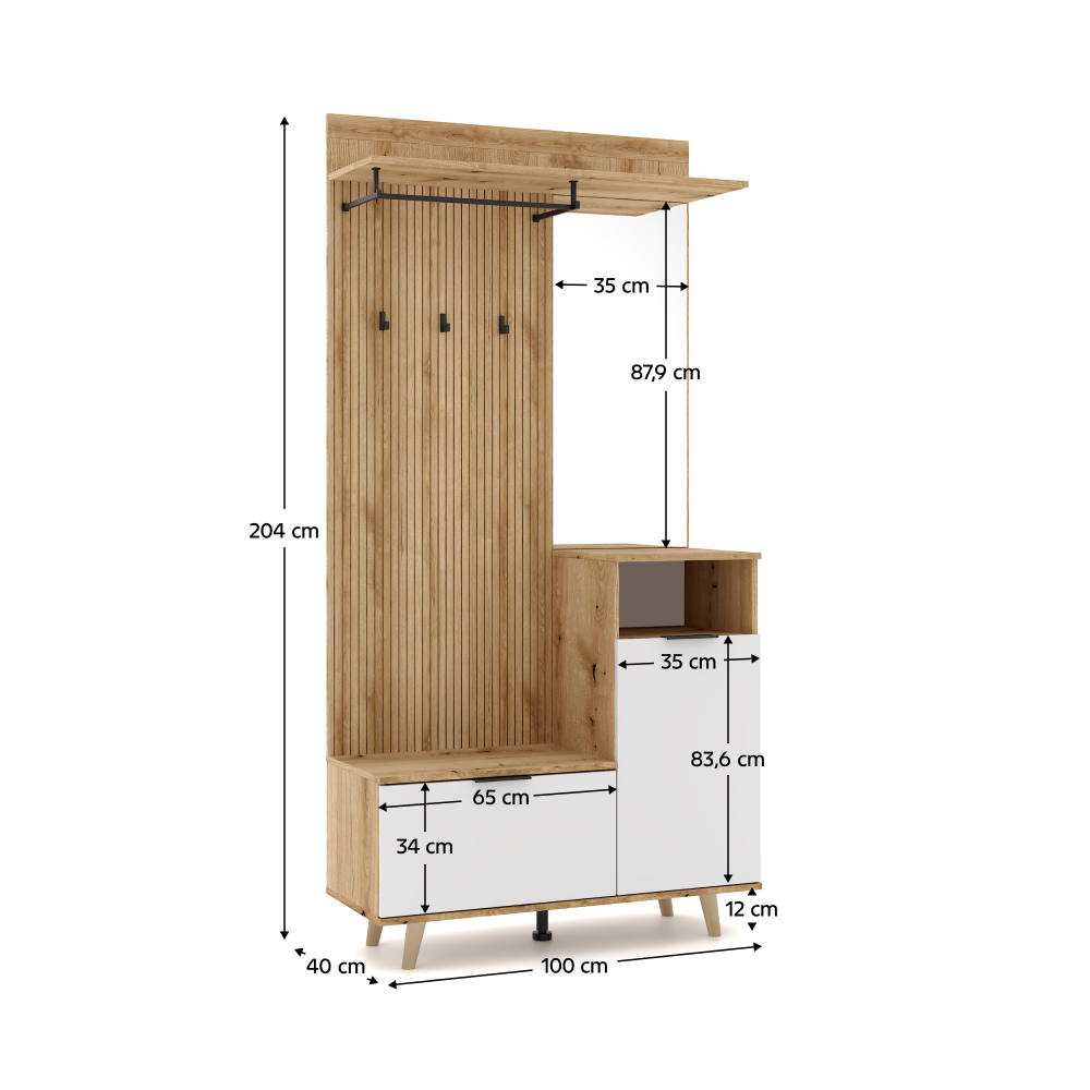 Set mobilier hol cu oglindă și pantofar BELMONTE, stejar evoke/alb, 100x40x204 cm Kondela