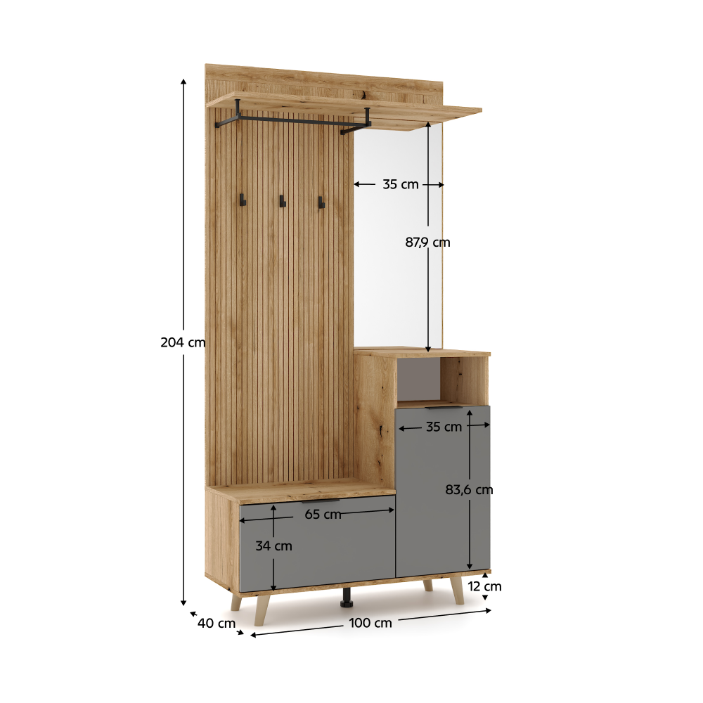 Set mobilier hol NODRI cu oglindă și pantofar, stejar evoke/grafit, 100x204 cm Kondela