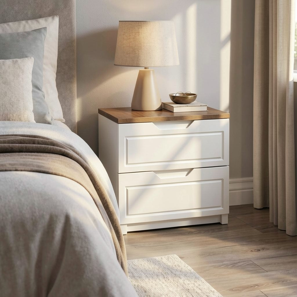 Noptieră CHIANTI cu 2 sertare, MDF vopsit și blat furniruit lemn natural, 50x42x47 cm Arboteca