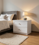 Noptieră CORTONA albă cu 2 sertare, MDF frezat oval vopsit, 50x41,8x47 cm Arboteca