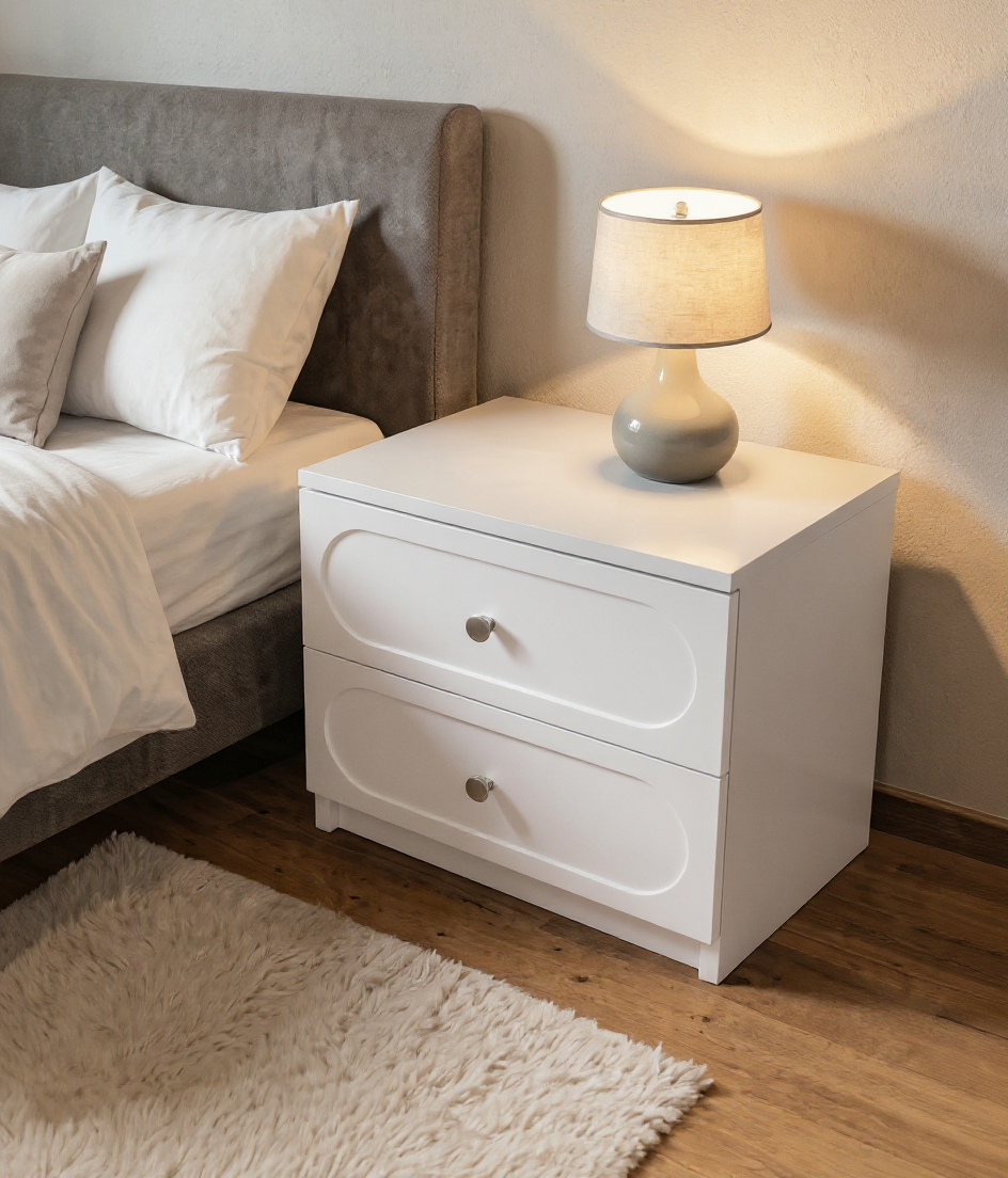 Noptieră CORTONA albă cu 2 sertare, MDF frezat oval vopsit, 50x41,8x47 cm Arboteca