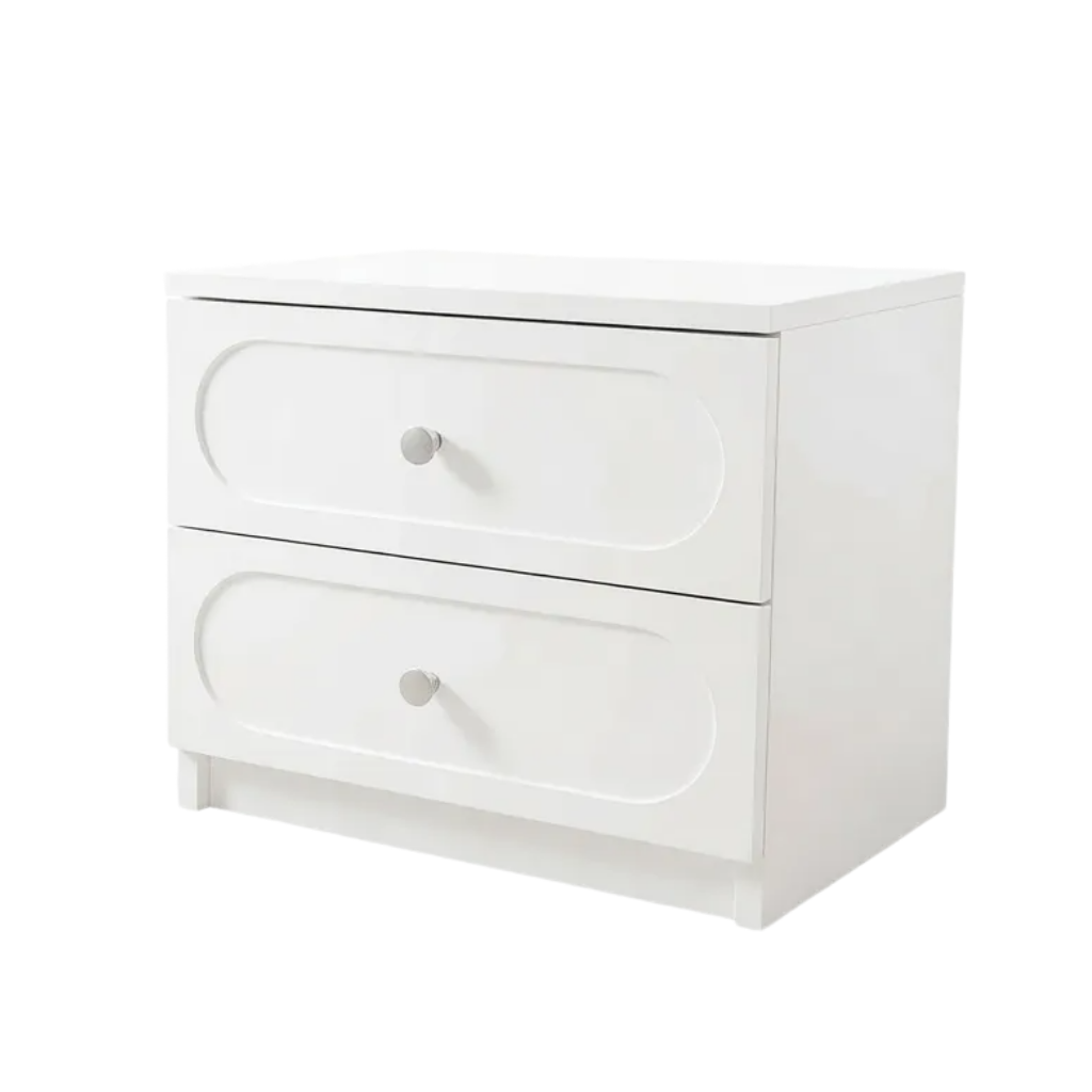 Noptieră CORTONA albă cu 2 sertare, MDF frezat oval vopsit, 50x41,8x47 cm Arboteca