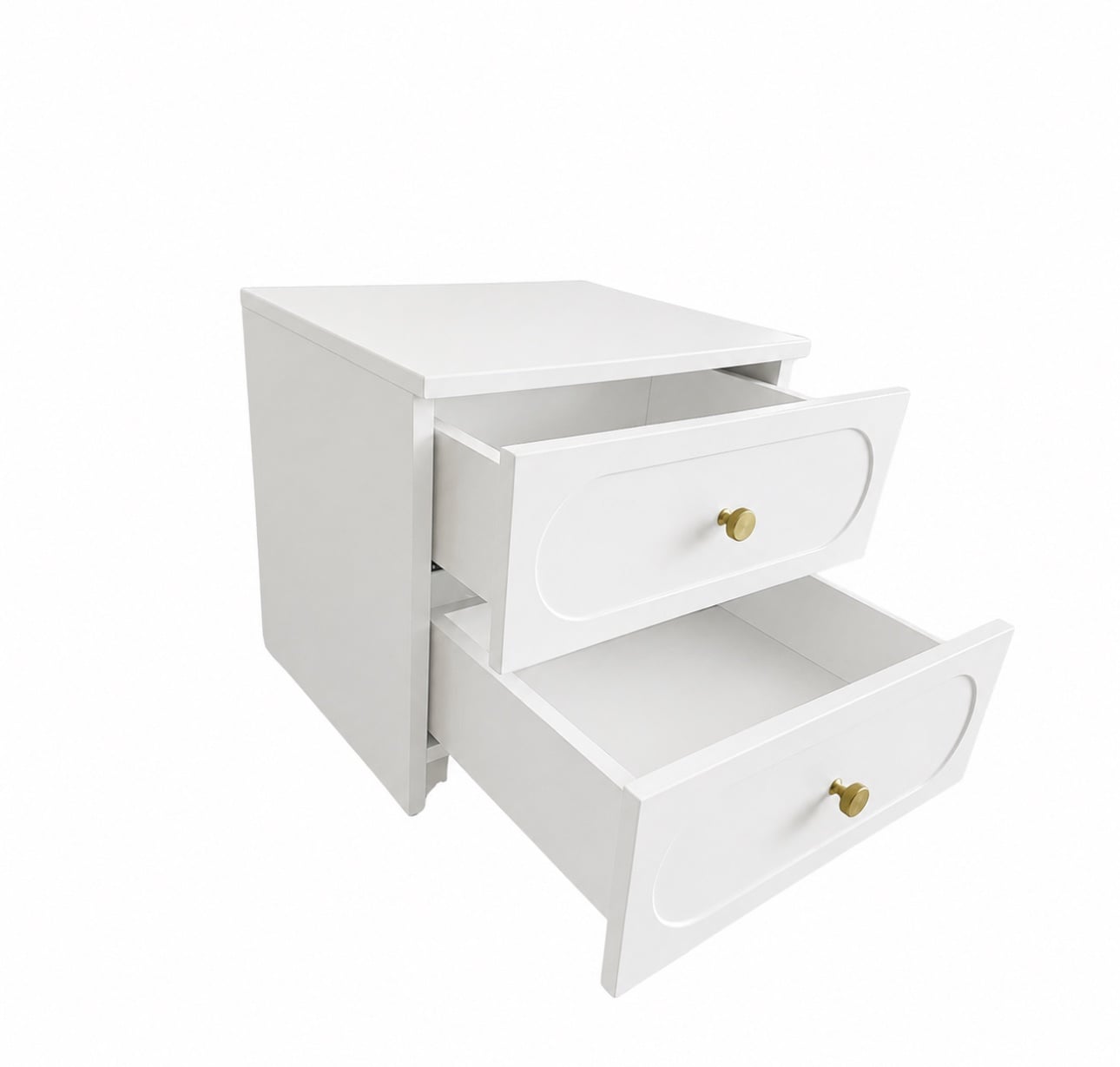 Noptieră CORTONA albă cu 2 sertare, MDF frezat oval vopsit, 50x41,8x47 cm Arboteca