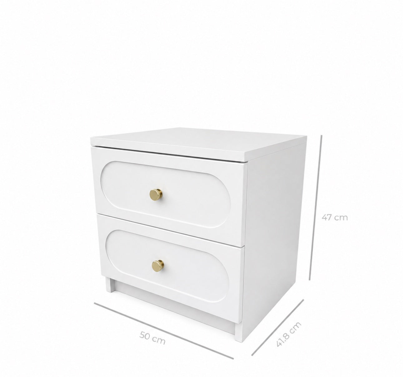 Noptieră CORTONA albă cu 2 sertare, MDF frezat oval vopsit, 50x41,8x47 cm Arboteca
