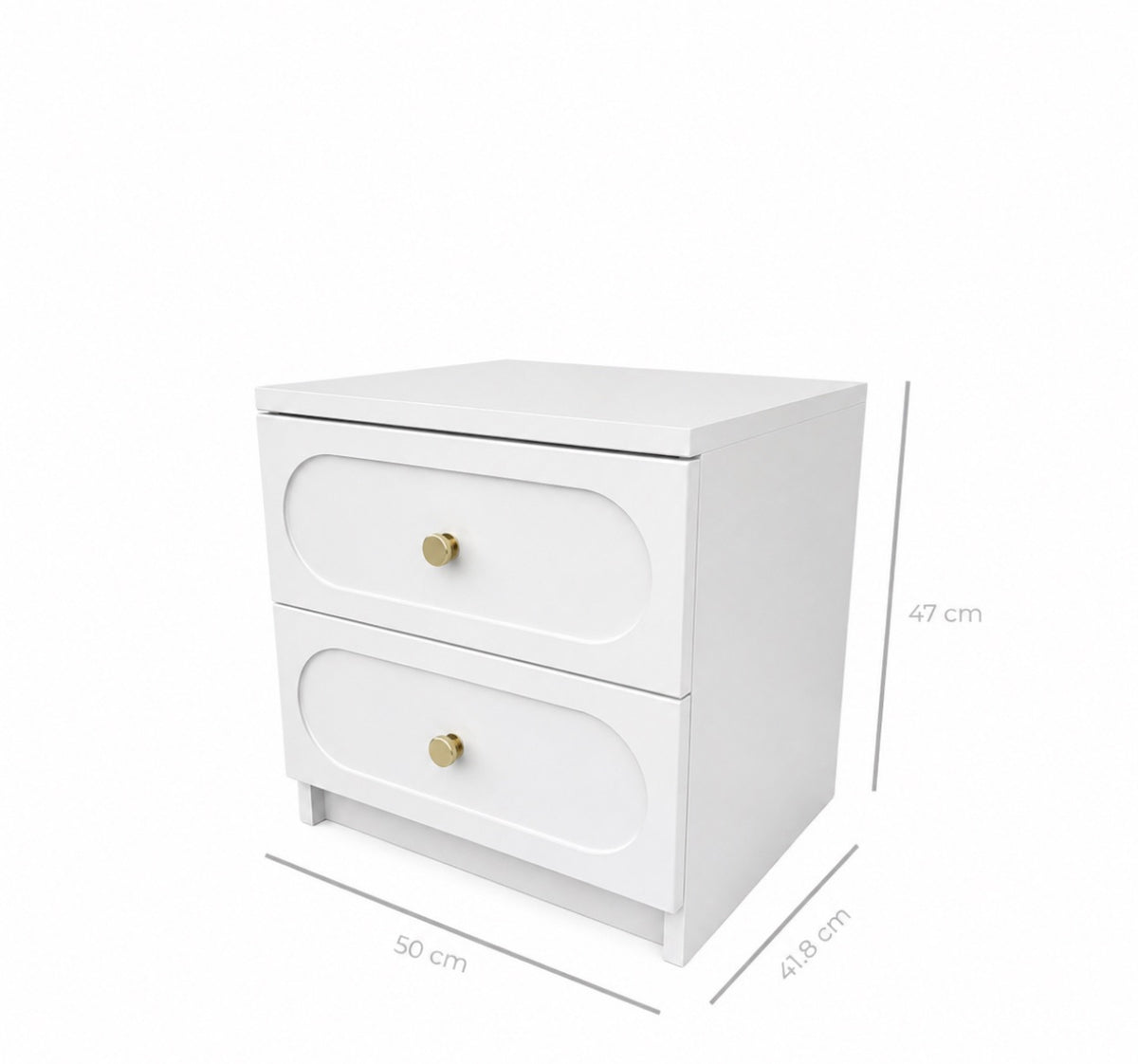 Noptieră CORTONA albă cu 2 sertare, MDF frezat oval vopsit, 50x41,8x47 cm Arboteca