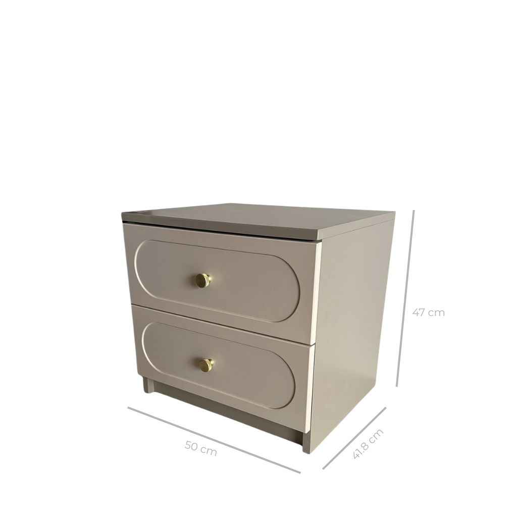Noptieră CORTONA cașmir bazalt cu 2 sertare, MDF frezat oval vopsit, 50x41,8x47 cm Arboteca