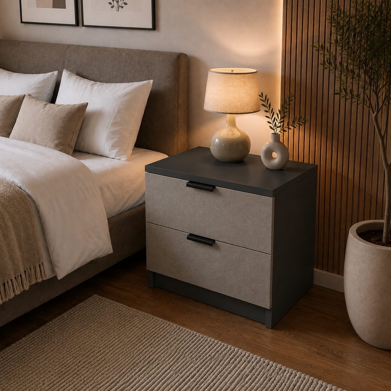 Noptieră MARATEA cu 2 sertare, antracit, fronturi MDF, 50x41,8x47 cm Arboteca