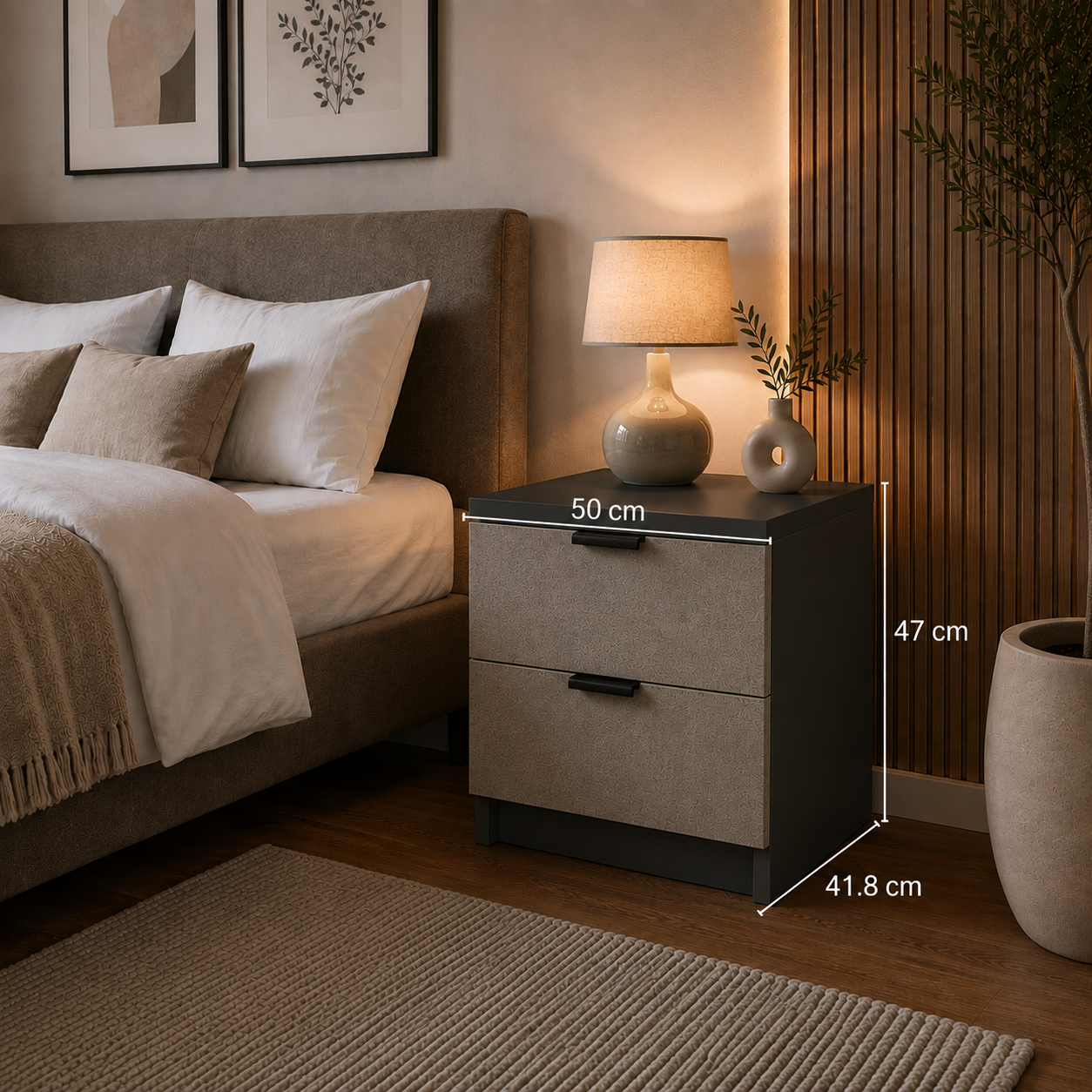Noptieră MARATEA cu 2 sertare, antracit, fronturi MDF, 50x41,8x47 cm Arboteca