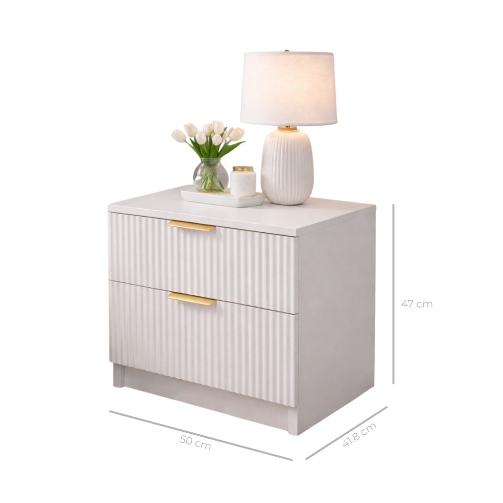 Noptieră PORTOFINO albă cu 2 sertare, MDF cu riflaj vertical, 50x41,8x47 cm Arboteca