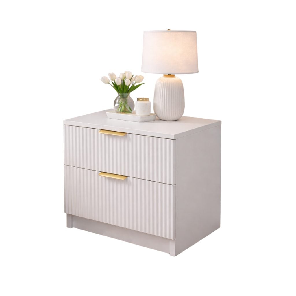 Noptieră PORTOFINO albă cu 2 sertare, MDF cu riflaj vertical, 50x41,8x47 cm Arboteca