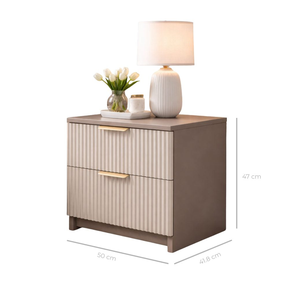 Noptieră PORTOFINO casmir bazalt cu 2 sertare, MDF cu riflaj vertical, 50x41,8x47 cm Arboteca