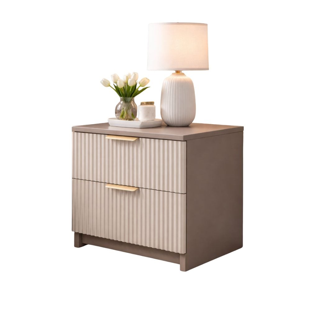 Noptieră PORTOFINO casmir bazalt cu 2 sertare, MDF cu riflaj vertical, 50x41,8x47 cm Arboteca