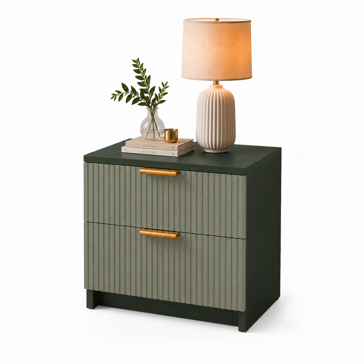 Noptieră PORTOFINO forest greige cu 2 sertare, MDF cu riflaj vertical, 50x41,8x47 cm Arboteca